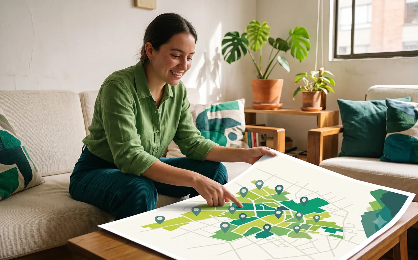 Cuidadora señalando un mapa de zonas de Bogotá