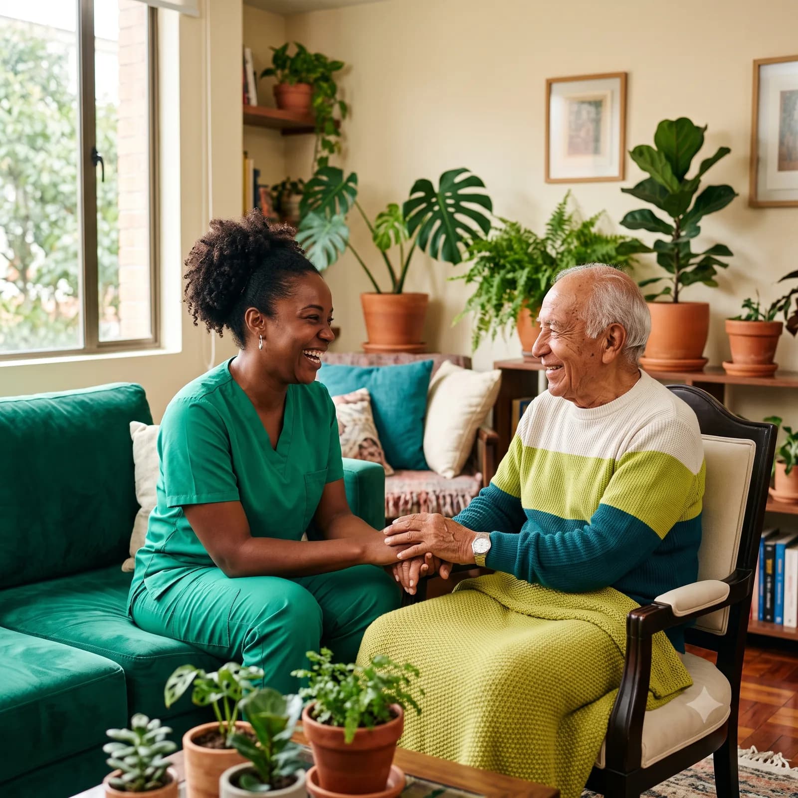Cuidadora y paciente sonriendo en casa